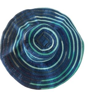 Gottex NWT Wide Brim Sun Hat Blue Teal Striped Resort Beach UPF